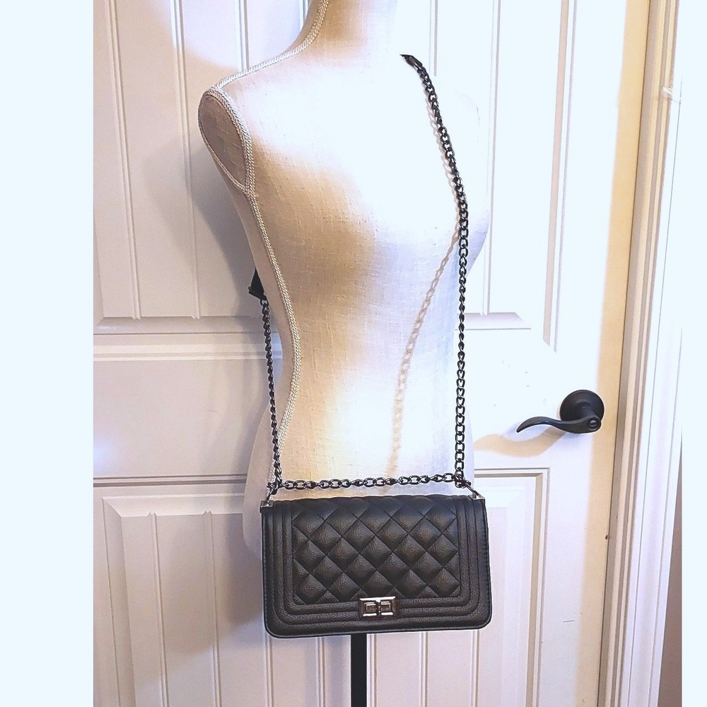 Quilted Crossbody Bag Women Small Black Gunmetal Chain Strap Turn Lock Goth